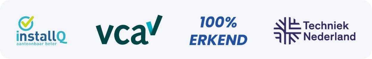 Logo's InstallQ, VCA, 100% Erkend en Techniek Nederland